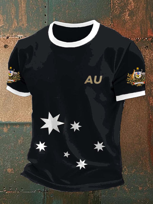 Vintage Australian Flag Badge Print Casual Cotton Short Sleeve T-Shirt