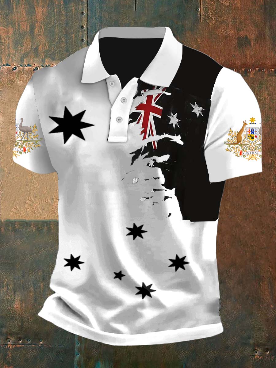 Vintage Australian Flag Badge Printed Casual Cotton Short Sleeve Polo Shirt