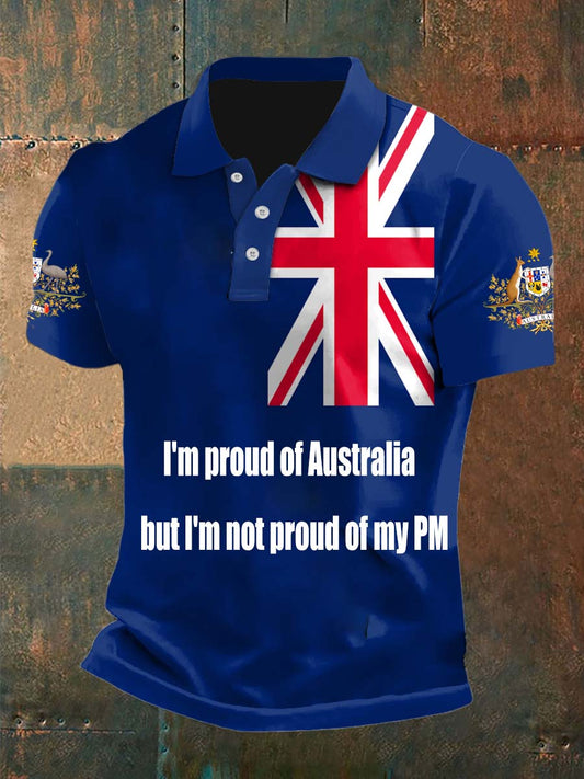 Vintage Australia Flag Crown Badge I'm Proud Of Australia Printed Casual Cotton Short Sleeve Polo Shirt