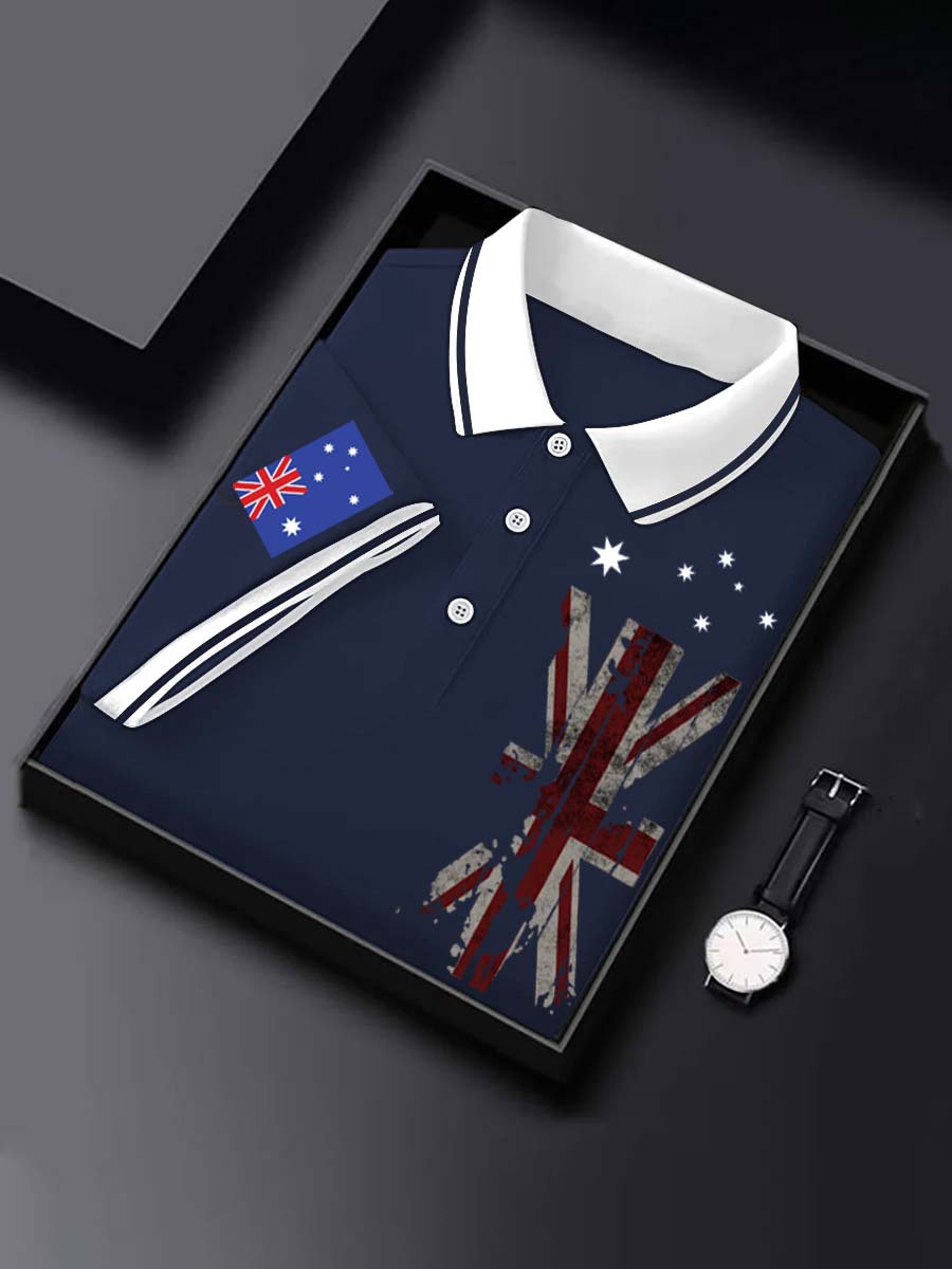 Vintage Australian Flag Badge Printed Casual Cotton Short Sleeve Polo Shirt