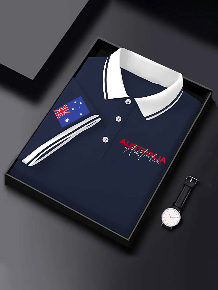 Vintage Australian Flag Badge Printed Casual Cotton Short Sleeve Polo Shirt