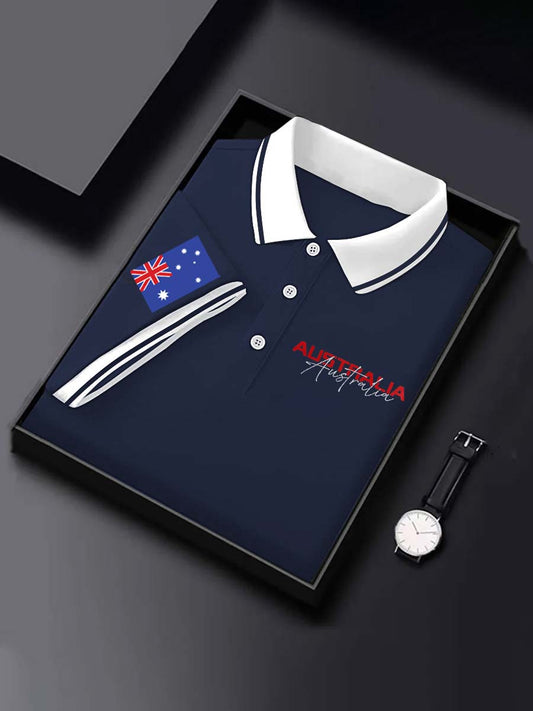 Vintage Australian Flag Badge Printed Casual Cotton Short Sleeve Polo Shirt