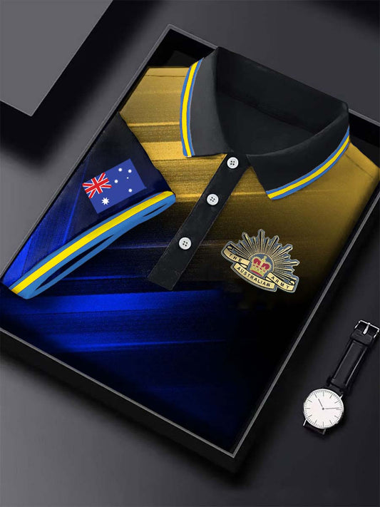 Vintage Australia Flag Crown Badge Line Printed Casual Cotton Short Sleeve Polo Shirt