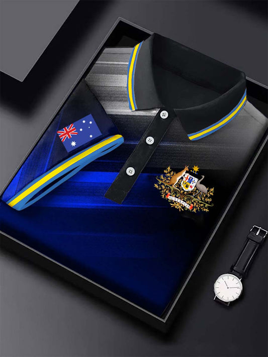 Vintage Australian Flag Badge Lines Printed Casual Cotton Short Sleeve Polo Shirt