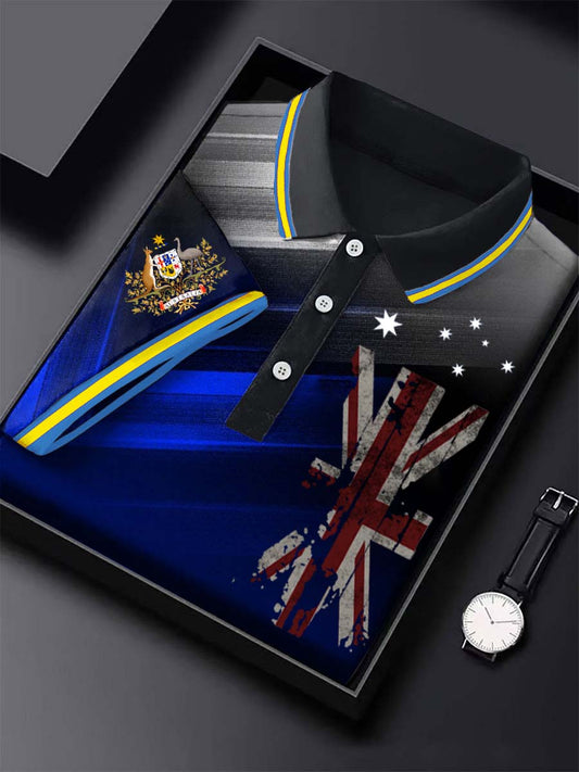 Vintage Australian Flag Badge Lines Printed Casual Cotton Short Sleeve Polo Shirt