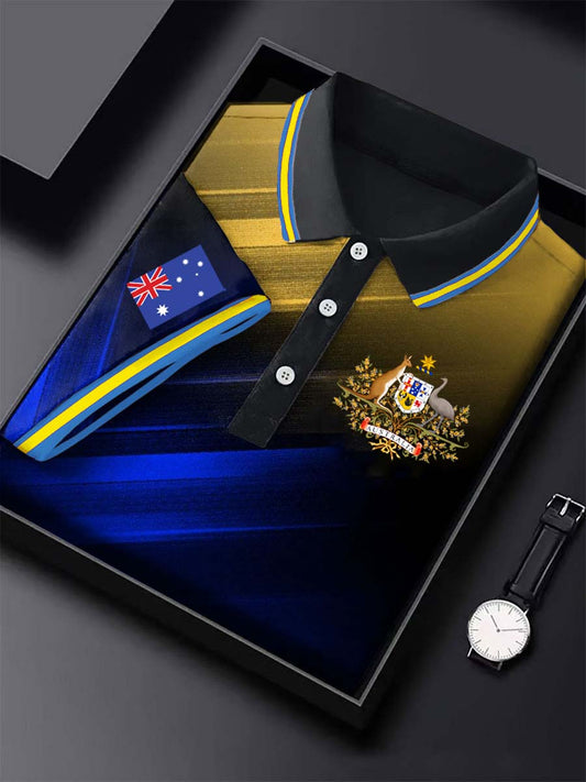 Vintage Australian Flag Badge Lines Printed Casual Cotton Short Sleeve Polo Shirt