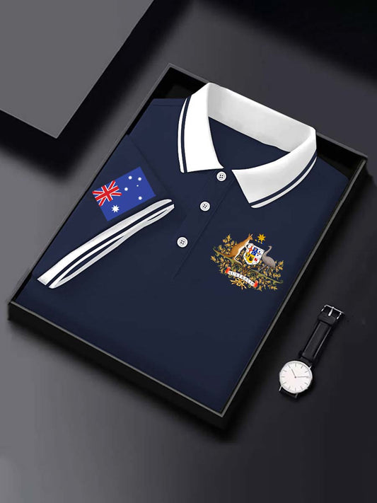 Vintage Australian Flag Badge Printed Casual Cotton Short Sleeve Polo Shirt