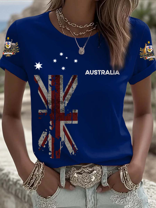 Vintage Australian Flag Badge Print Comfortable Casual Cotton Short-sleeved T-shirt