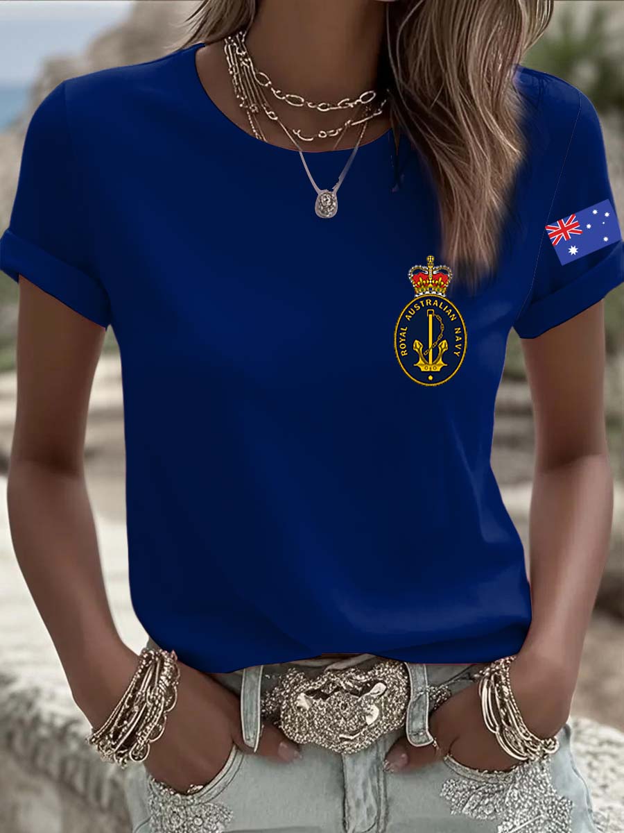 Vintage Australian Flag Navy Badge Print Comfortable Casual Cotton Short-sleeved T-shirt