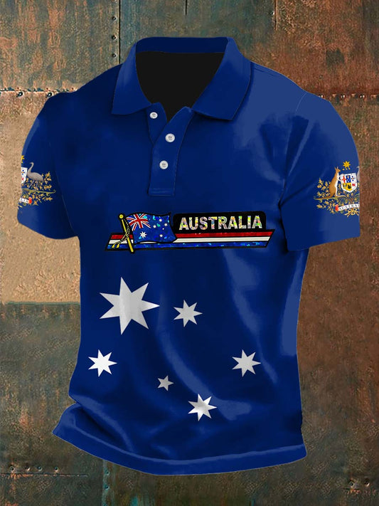 Vintage Australian Flag Badge  Printed Casual Cotton Short Sleeve Polo Shirt