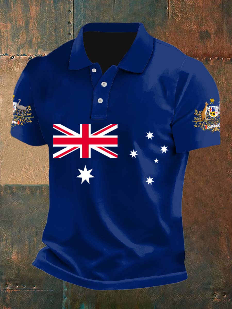 Vintage Australian Flag Badge  Printed Casual Cotton Short Sleeve Polo Shirt