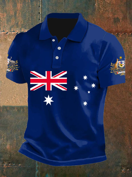 Vintage Australian Flag Badge  Printed Casual Cotton Short Sleeve Polo Shirt