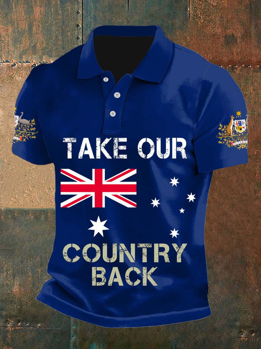 Vintage Australian Flag Badge Slogan Printed Casual Cotton Short Sleeve Polo Shirt