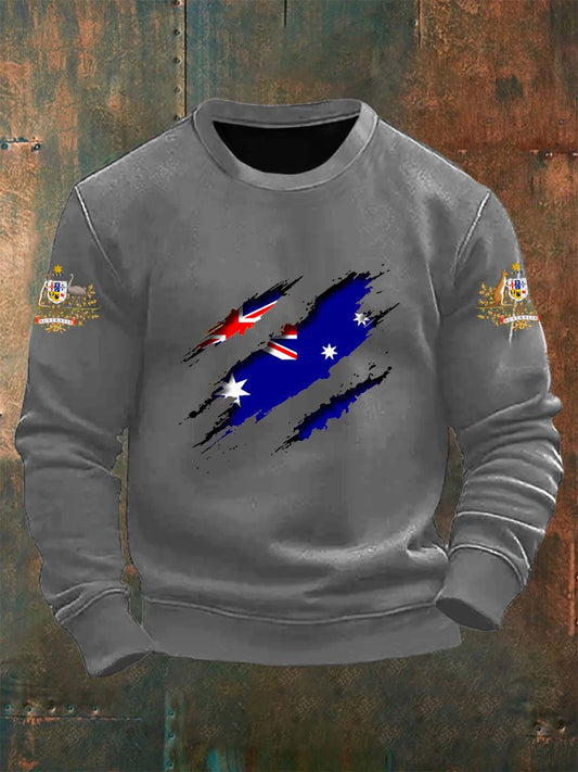 Vintage Australian Flag Badge Crackle Abstract Print Casual Long Sleeve Sweatshirt