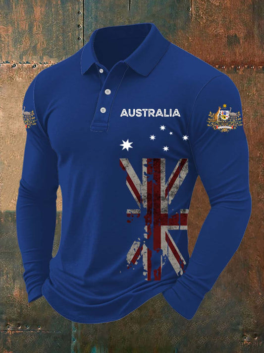 Vintage Australian Flag Badge  Printed Casual Cotton Long Sleeve Polo Shirt