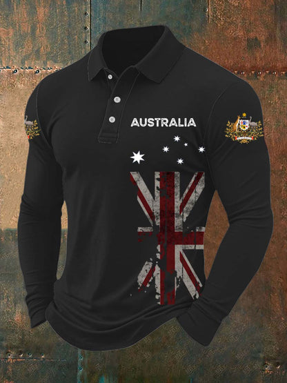 Vintage Australian Flag Badge  Printed Casual Cotton Long Sleeve Polo Shirt