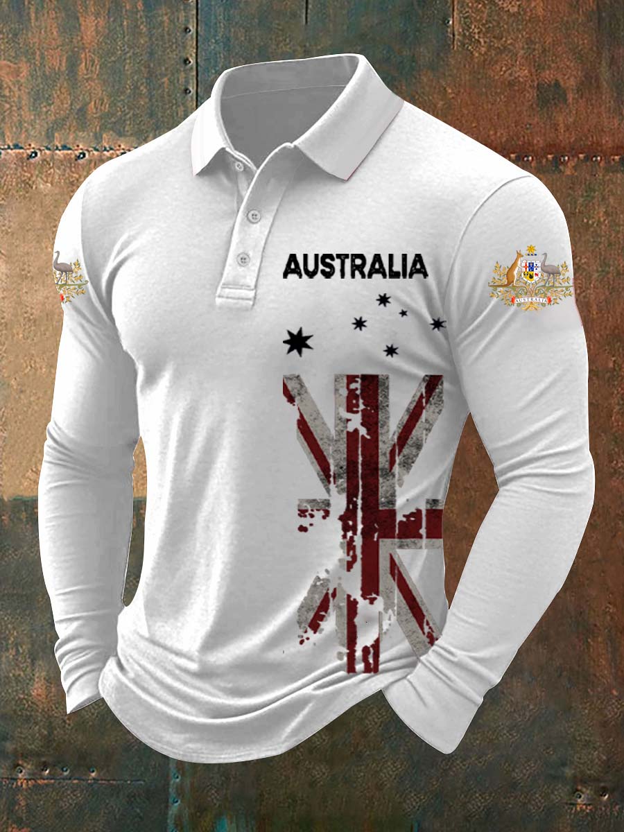Vintage Australian Flag Badge  Printed Casual Cotton Long Sleeve Polo Shirt