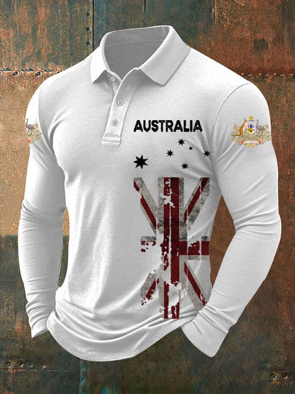 Vintage Australian Flag Badge  Printed Casual Cotton Long Sleeve Polo Shirt