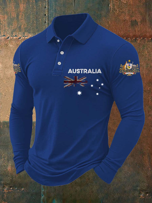 Vintage Australian Flag Badge  Printed Casual Cotton Long Sleeve Polo Shirt