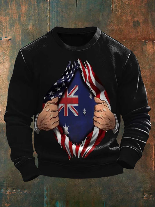 Vintage Australian Flag Badge Crackle Abstract Print Casual Long Sleeve Sweatshirt