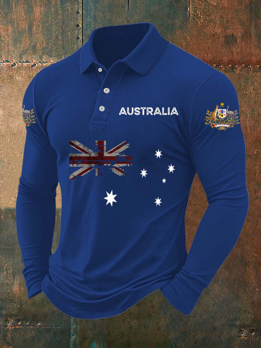 Vintage Australian Flag Badge  Printed Casual Cotton Long Sleeve Polo Shirt