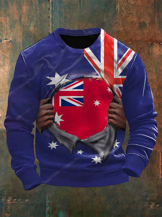 Vintage Australian Flag Badge Crackle Abstract Print Casual Long Sleeve Sweatshirt