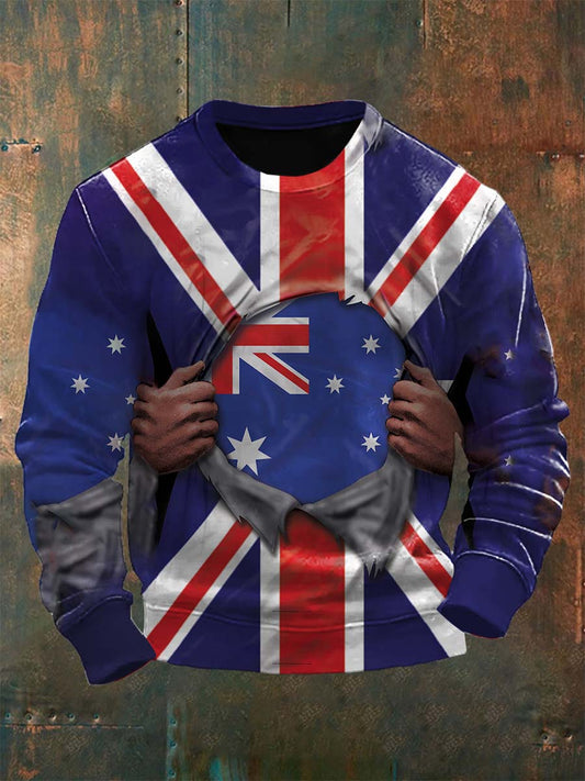 Vintage Australian Flag Badge Crackle Abstract Print Casual Long Sleeve Sweatshirt