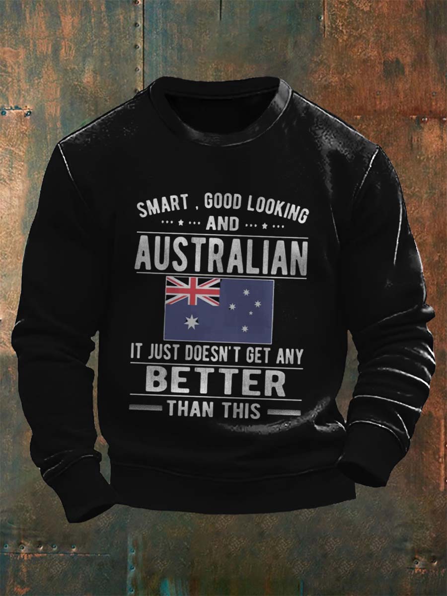 Vintage Australian Flag Badge Slogan Abstract Print Casual Long Sleeve Sweatshirt