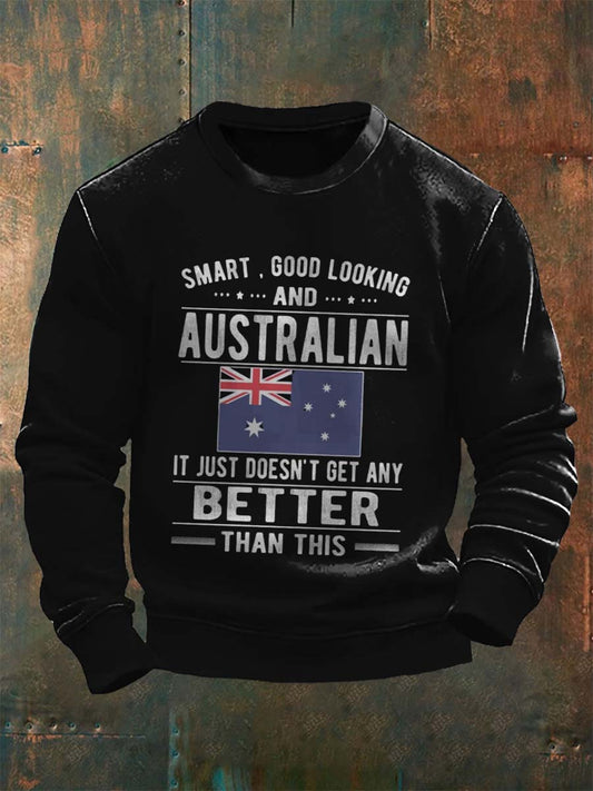 Vintage Australian Flag Badge Slogan Abstract Print Casual Long Sleeve Sweatshirt