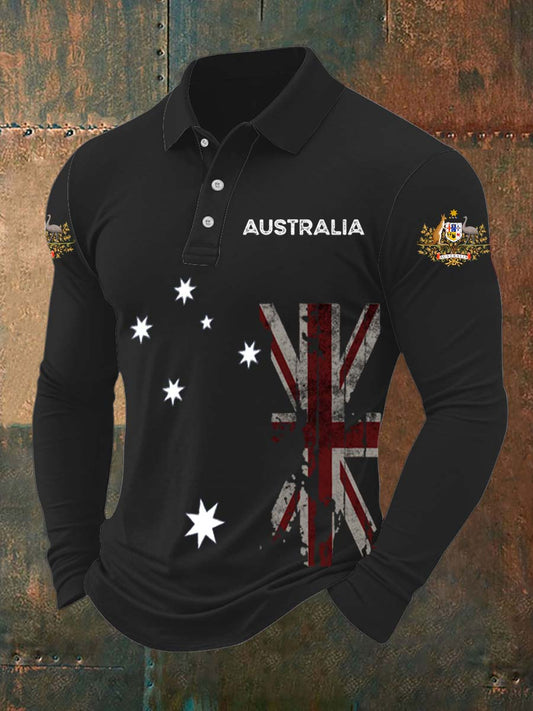 Vintage Australian Flag Badge  Printed Casual Cotton Long Sleeve Polo Shirt