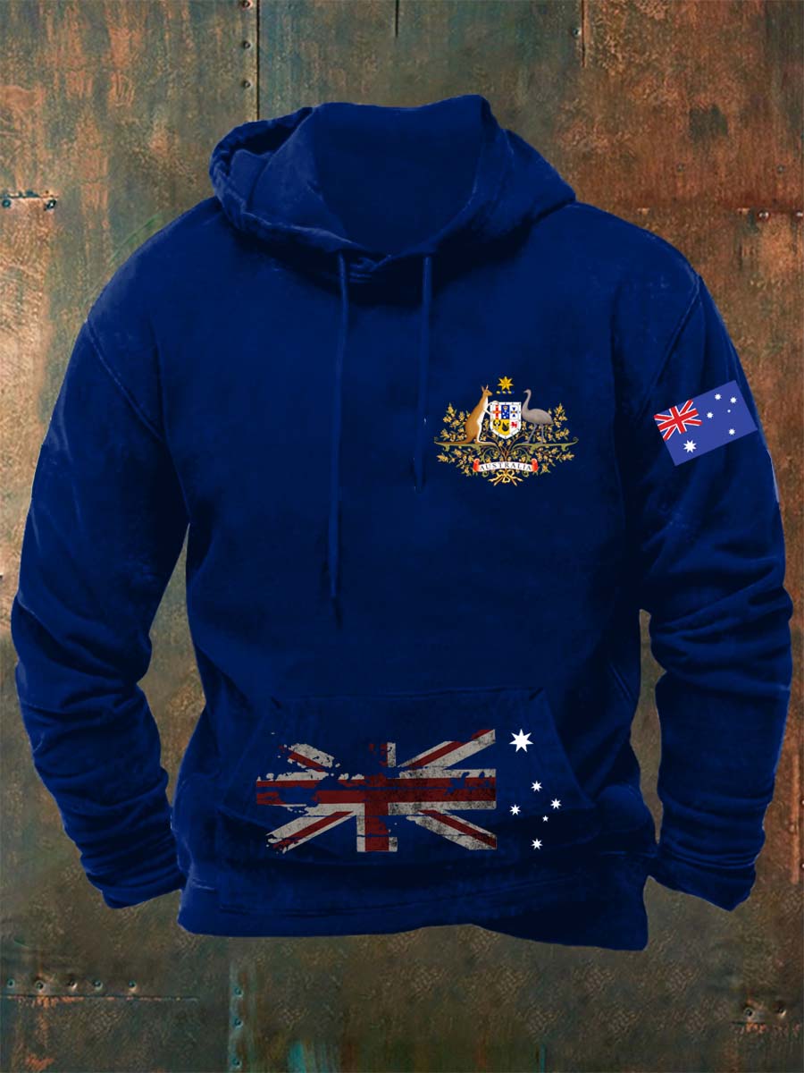Vintage Australian Flag Badge Abstract Print Casual Long Sleeve Hooded Sweatshirt