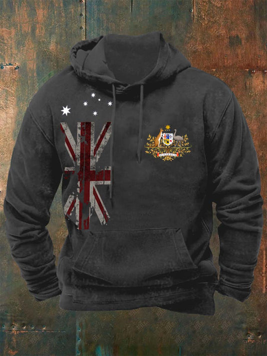 Vintage Australian Flag Badge Abstract Print Casual Long Sleeve Hooded Sweatshirt
