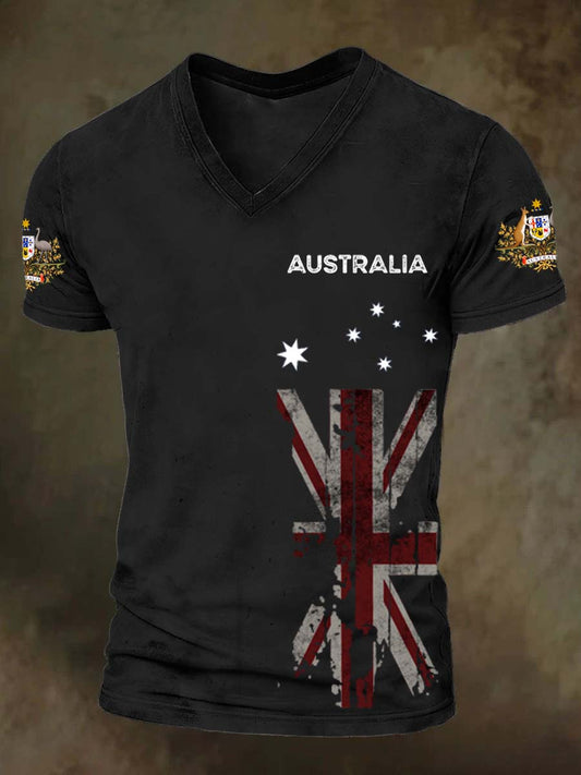 Vintage Australian Flag Badge Print Comfortable Casual Cotton V-neck T-shirt