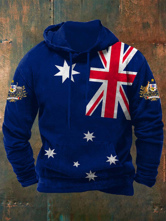 Vintage Australian Flag Badge Abstract Print Casual Long Sleeve Hooded Sweatshirt