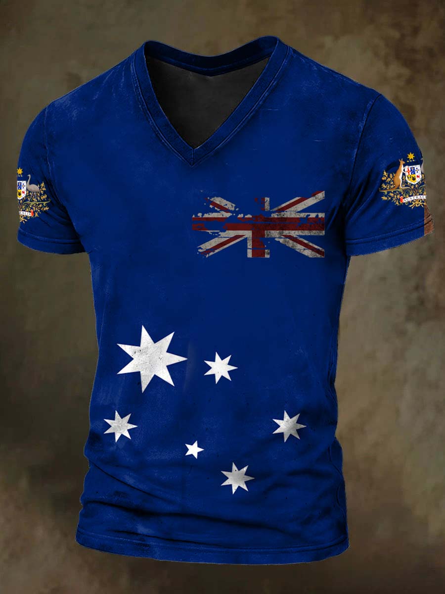 Vintage Australian Flag Badge Print Comfortable Casual Cotton V-neck T-shirt