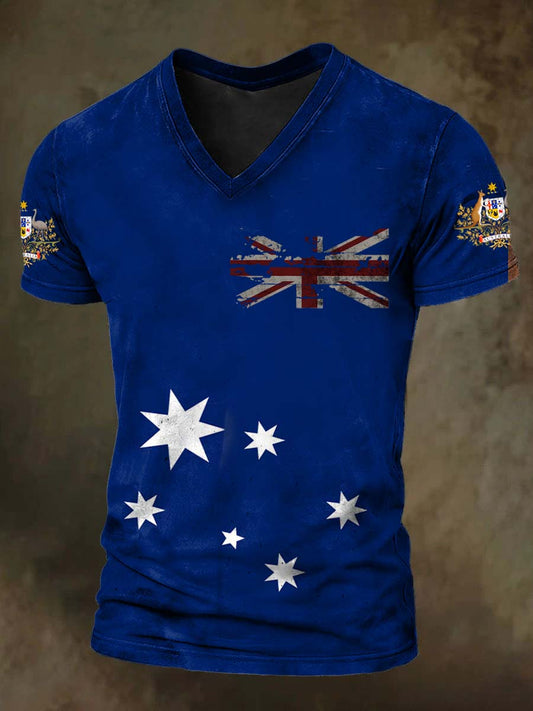 Vintage Australian Flag Badge Print Comfortable Casual Cotton V-neck T-shirt