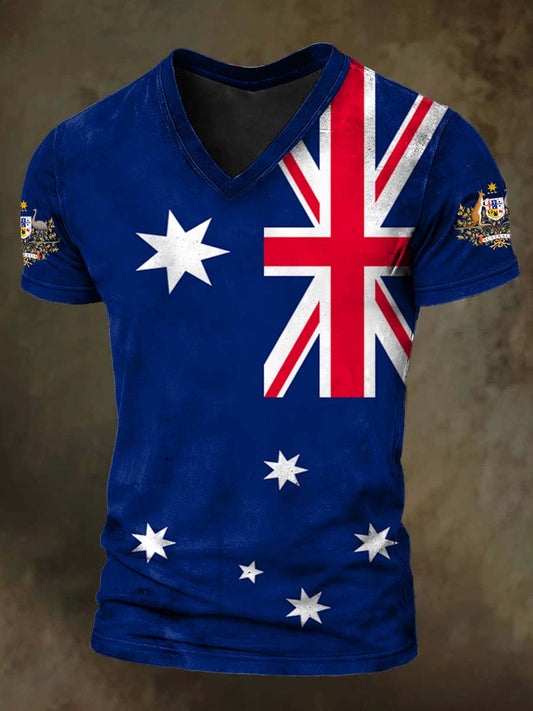 Unisex Vintage Australian Flag Badge Print V-Neck Short Sleeve T-Shirt