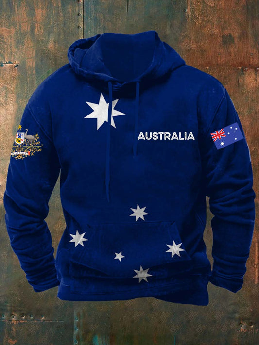 Vintage Australian Flag Badge Abstract Print Casual Long Sleeve Hooded Sweatshirt