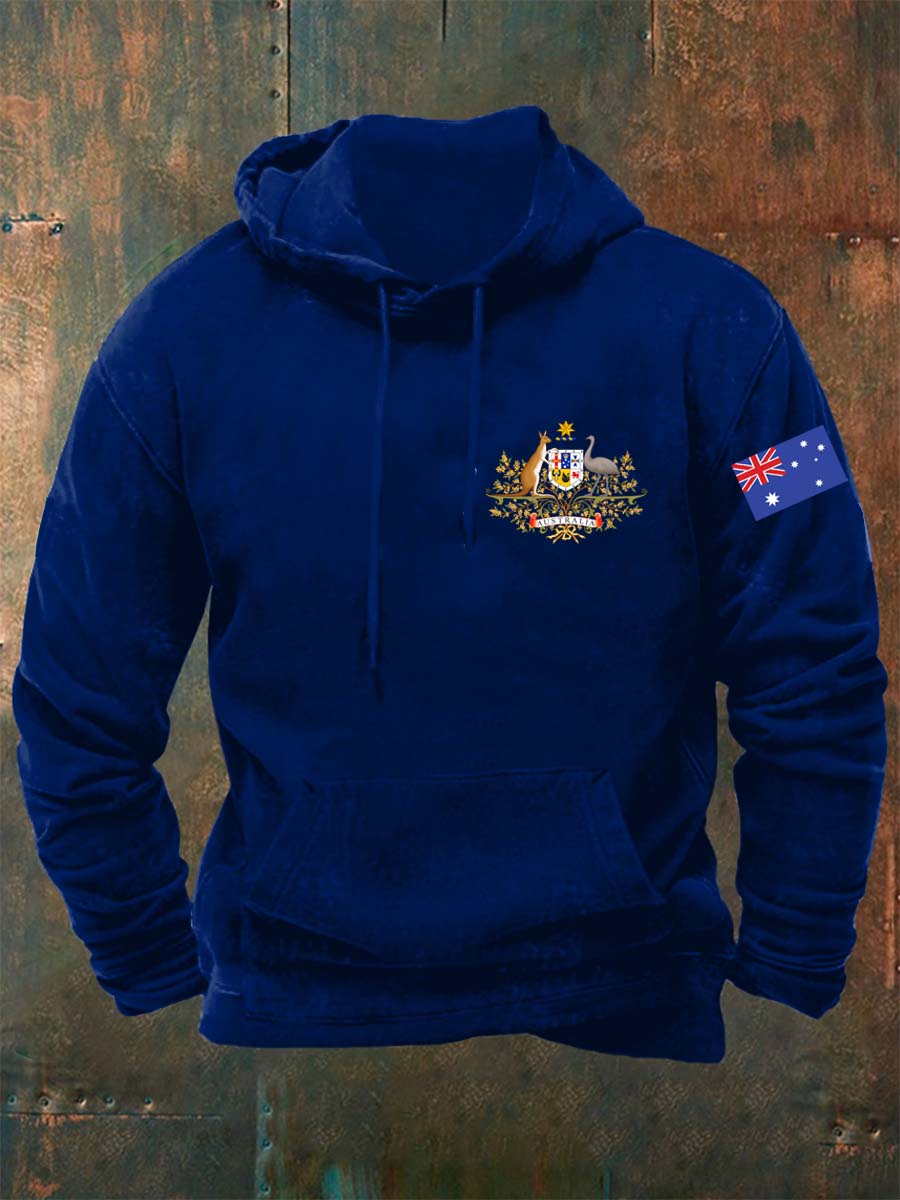 Vintage Australian Flag Badge Abstract Print Casual Long Sleeve Hooded Sweatshirt