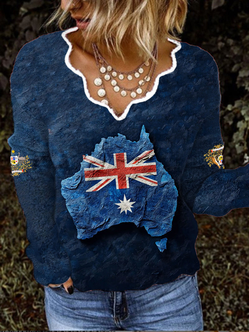Women's Australian Flag Printed V-Neck Casual Long Sleeve Top