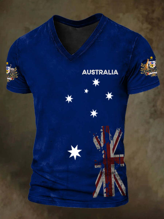 Unisex Vintage Australian Flag Badge Print V-Neck Short Sleeve T-Shirt