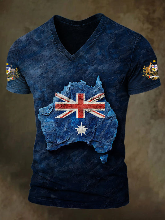 Unisex Vintage Australian Flag Badge Map Print V-Neck Short Sleeve T-Shirt