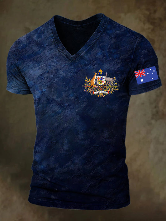 Unisex Vintage Australian Flag Badge Print V-Neck Short Sleeve T-Shirt