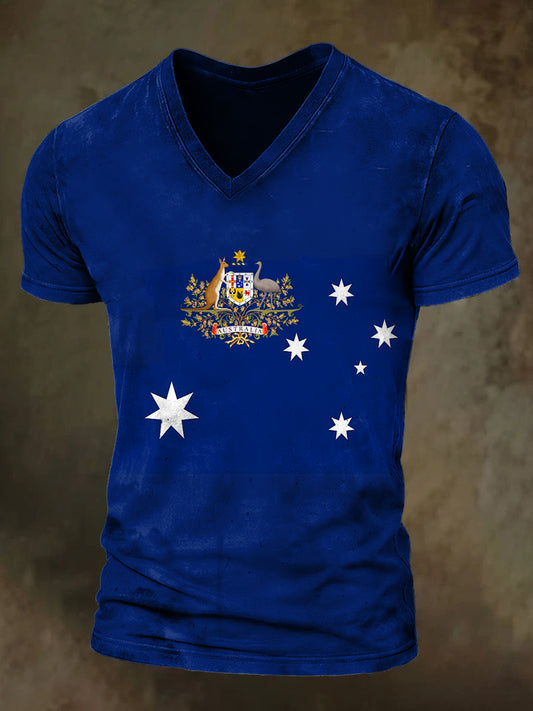 Unisex Vintage Australian Flag Badge Print V-Neck Short Sleeve T-Shirt