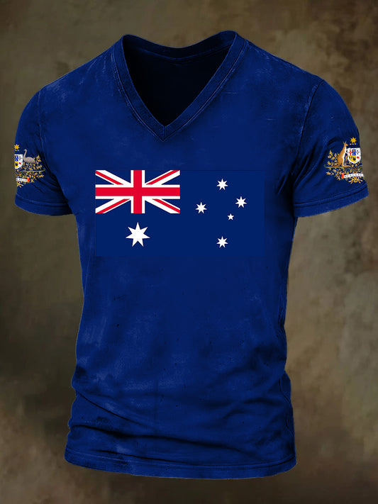 Unisex Vintage Australian Flag Badge Print V-Neck Short Sleeve T-Shirt