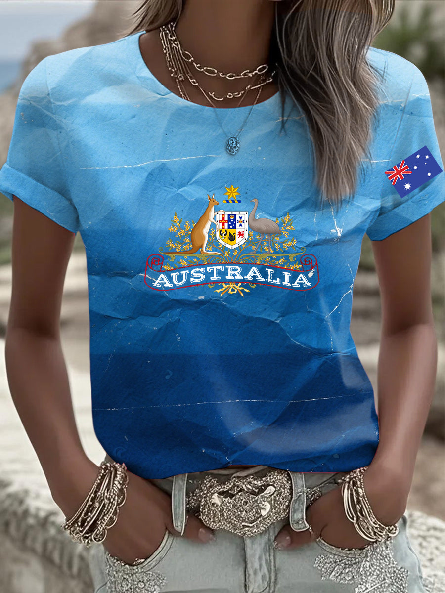 Retro Australian Flag Emblem Gradient Print Comfortable Casual Cotton Short-sleeved T-shirt