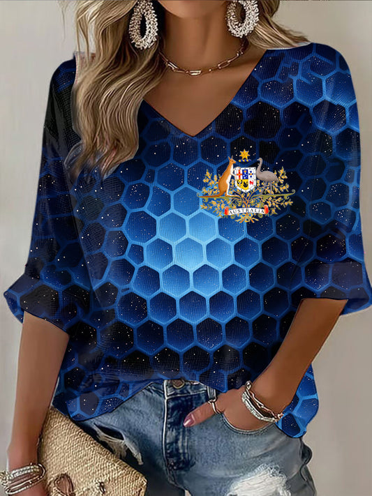 Retro Australian Flag Badge Gradient Honeycomb Print Casual Cotton Waffle Long Sleeve T-Shirt