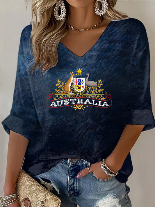 Vintage Australian Flag Badge Print Casual Cotton Waffle Long Sleeve T-Shirt