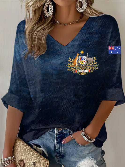 Vintage Australian Flag Badge Print Casual Cotton Waffle Long Sleeve T-Shirt