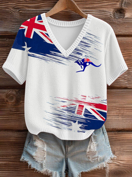 Women's Australian Flag Print Casual V-Neck Short Sleeve  T-shirt